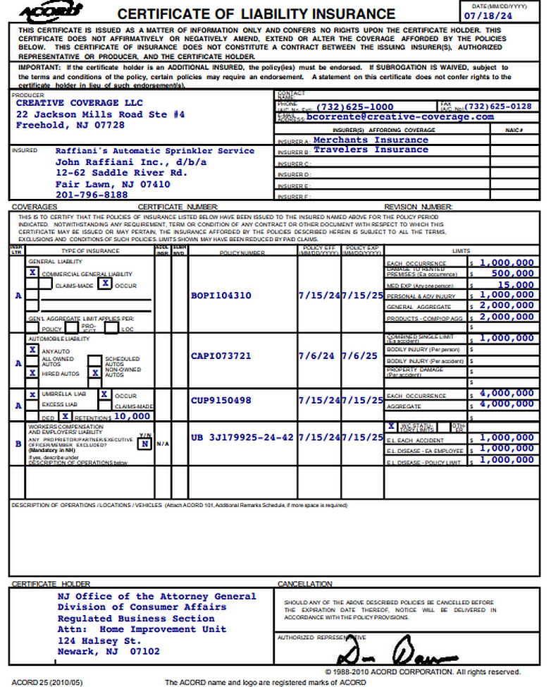 Rafianni's Insurance Certificate 2025