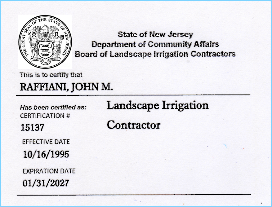 Raffiani's NJ Irrigation License 2025 to 2027